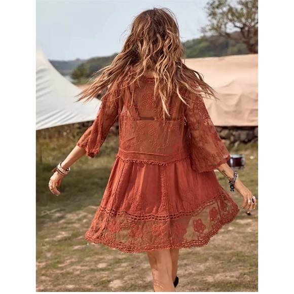 New Bohemian V Neck Crochet Mesh Dress - Picture 5 of 8